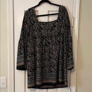 Black Floral Flare Sleeve Babydoll Dress